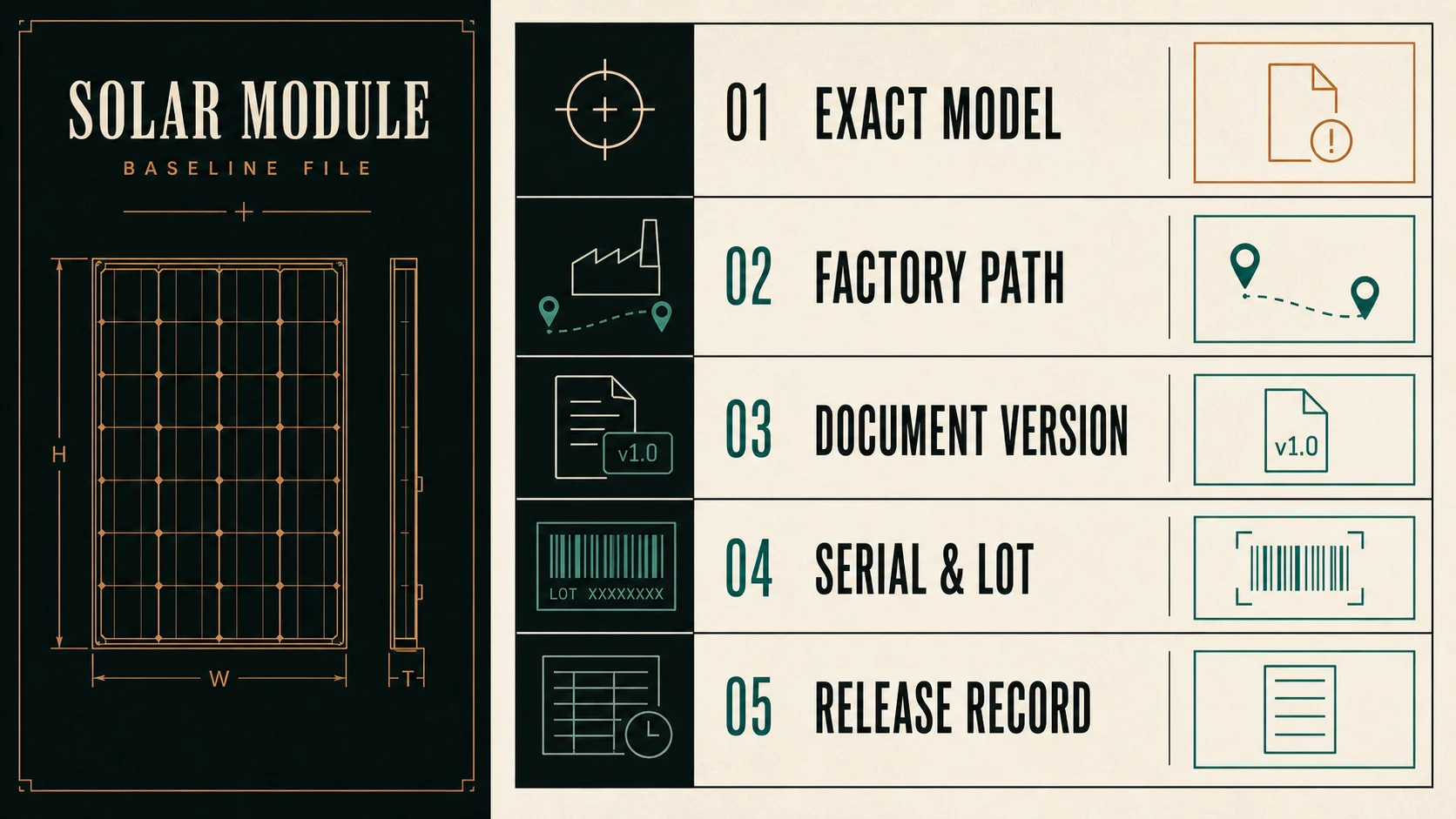 A module baseline evidence matrix separating exact model, factory path, document version, serial and lot, and release record