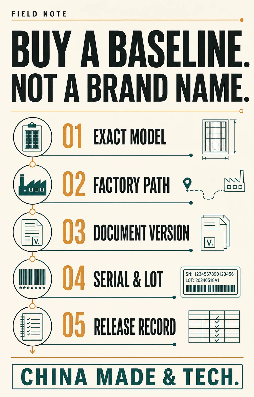 Field Note: Buy a baseline, not a brand name. Exact model, factory path, document version, serial and lot, release record