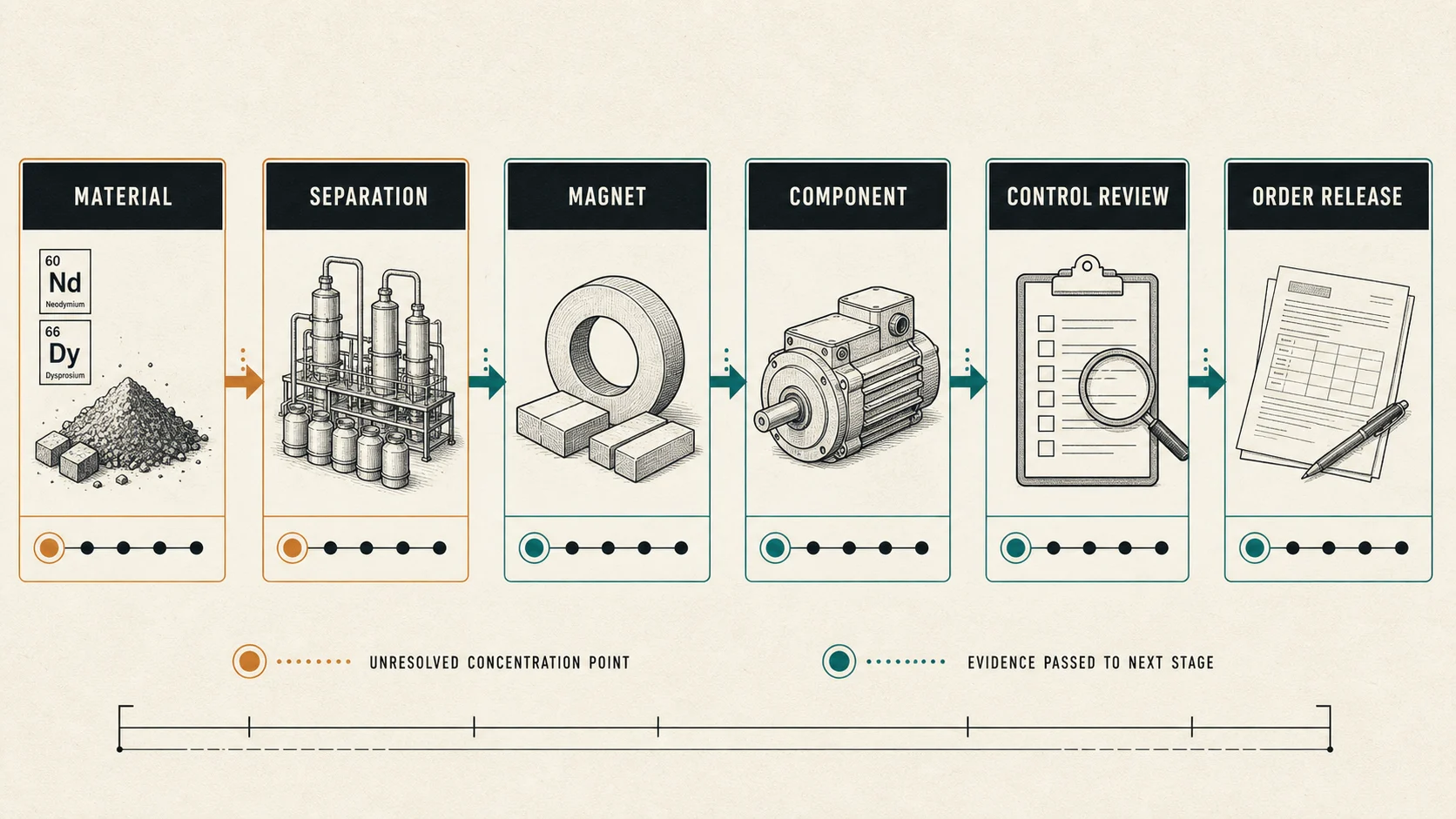 Industrial dossier chain mapping material, separation and refining, magnet, component, control review, and order release evidence