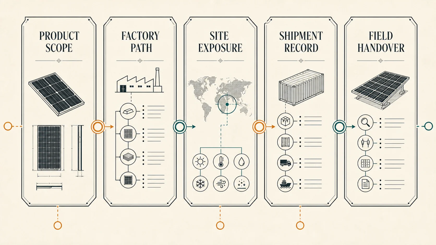 A solar quality evidence chain mapping product scope, factory path, site exposure, shipment record, and field handover