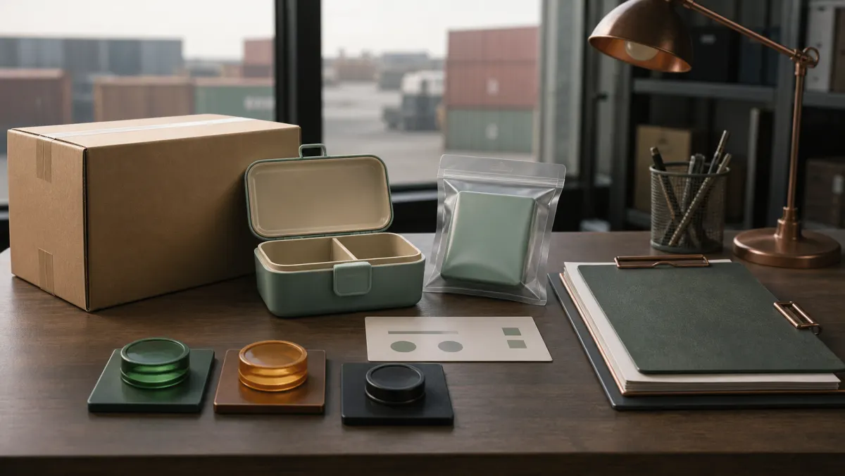 Shipment-release desk with lunch-box carton, retained sample, customs file, and release signals