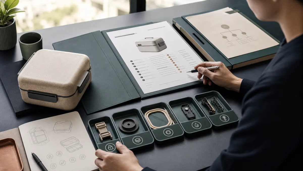 Buyer comparing a lunch-box sample, supplier file, and component roles