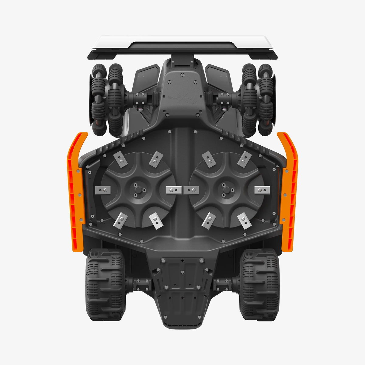 Official Mammotion LUBA 3 AWD underside showing the two-disc cutting-deck layout