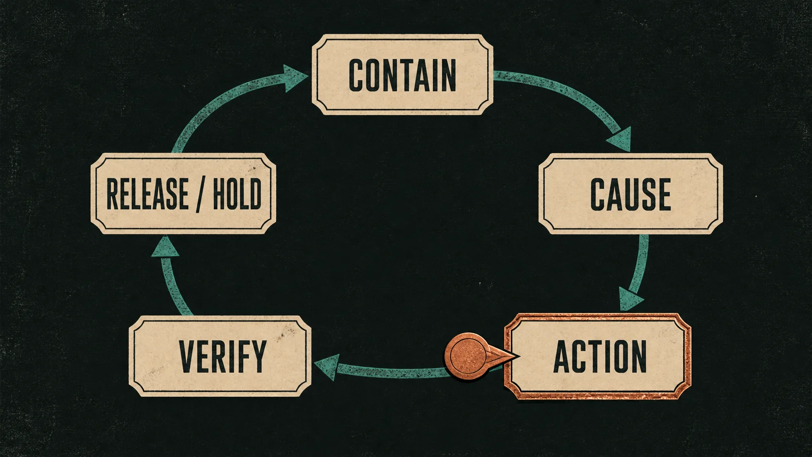 A dark industrial dossier loop showing containment, cause investigation, corrective action, verification, and release or hold
