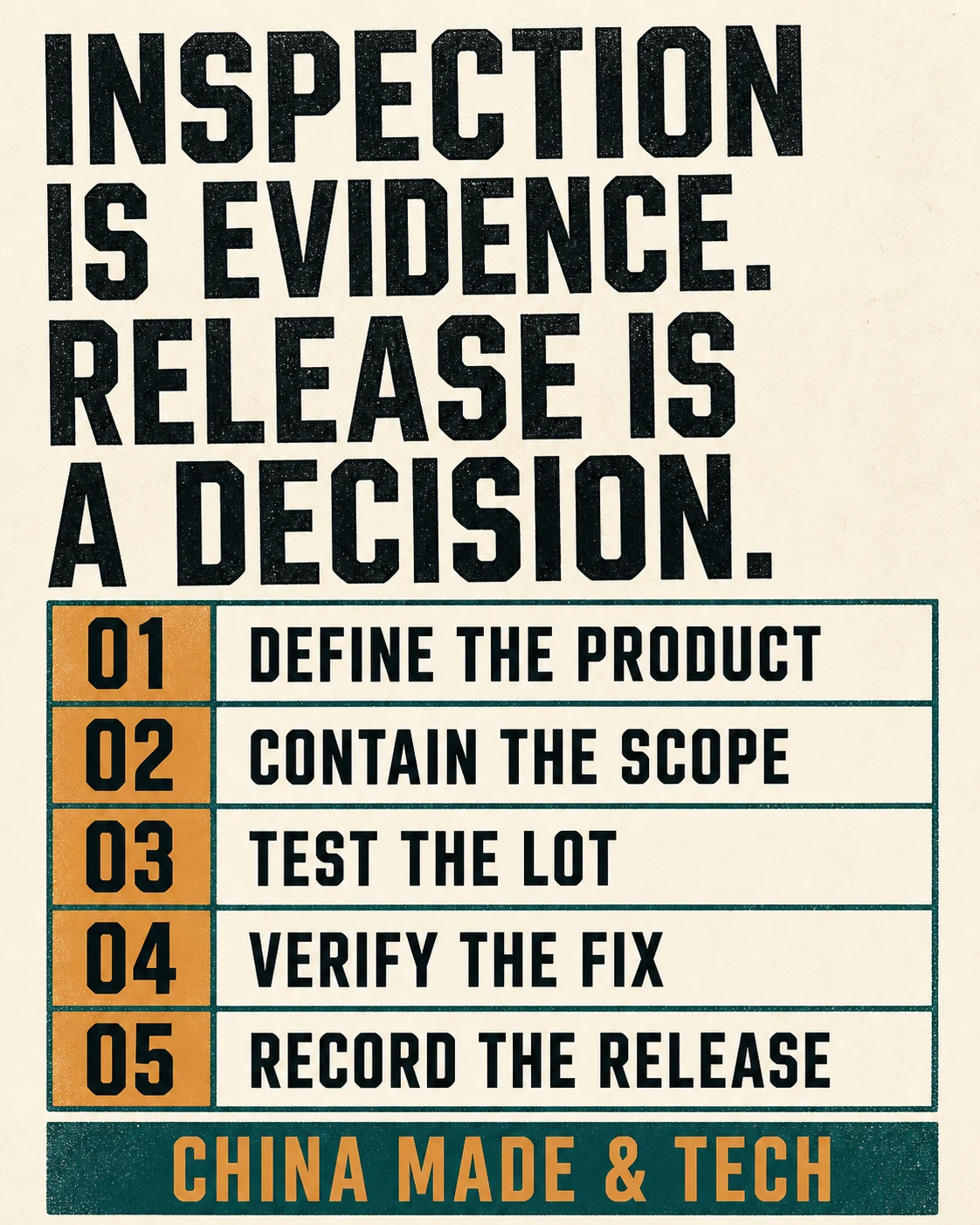 Field Note: Inspection is evidence. Release is a decision. Define the product, contain the scope, test the lot, verify the fix, record the release