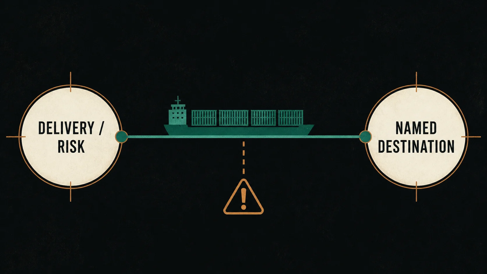 Industrial logistics diagram separating a named destination from the earlier delivery and risk-transfer point, with a caution to check the signed agreement