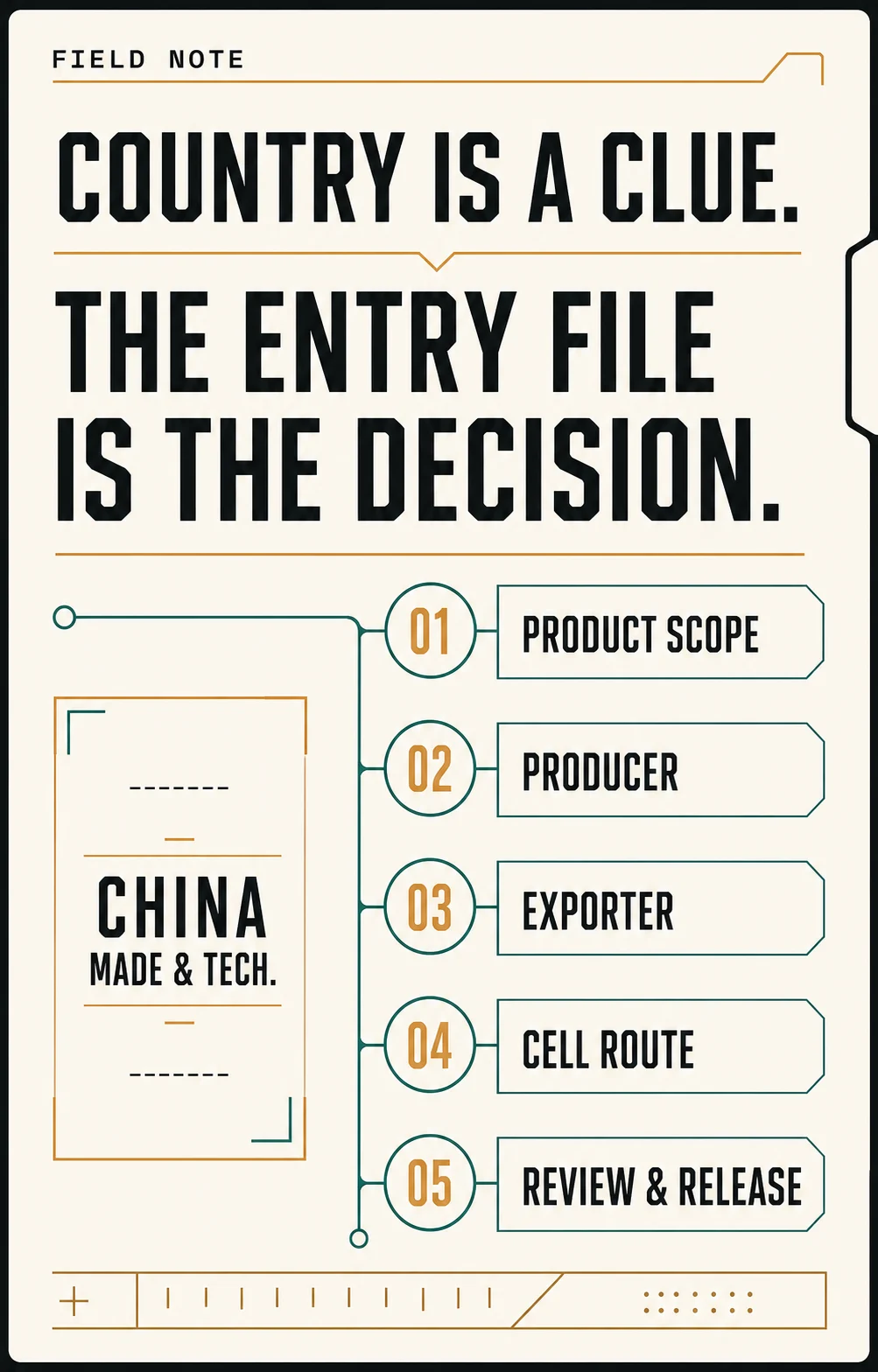 Field Note: Country is a clue. The entry file is the decision. Product scope, producer, exporter, cell route, review and release