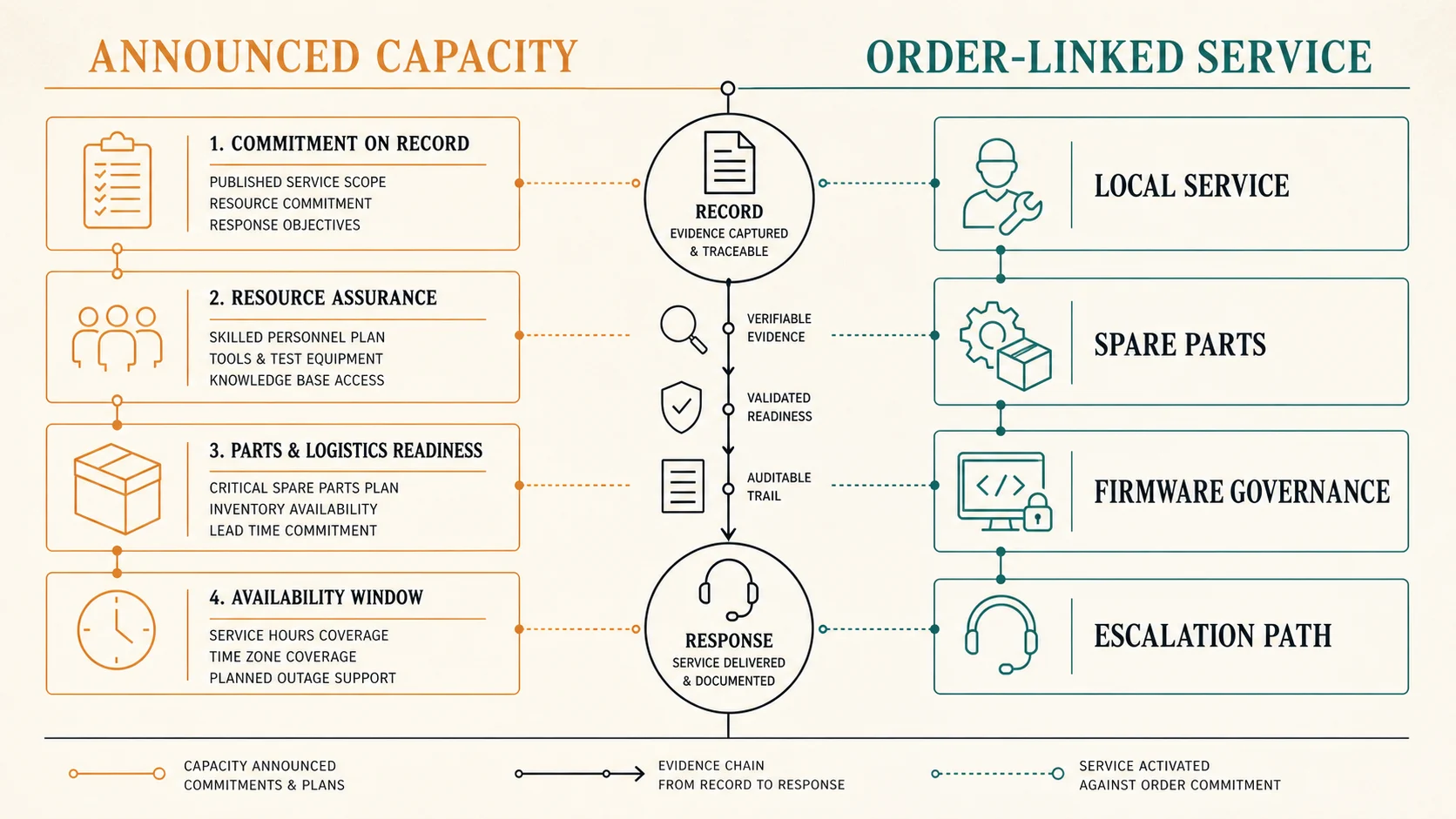 A dark industrial service-chain diagram separating announced regional capacity from order-linked local support, spare parts, firmware governance, and escalation evidence